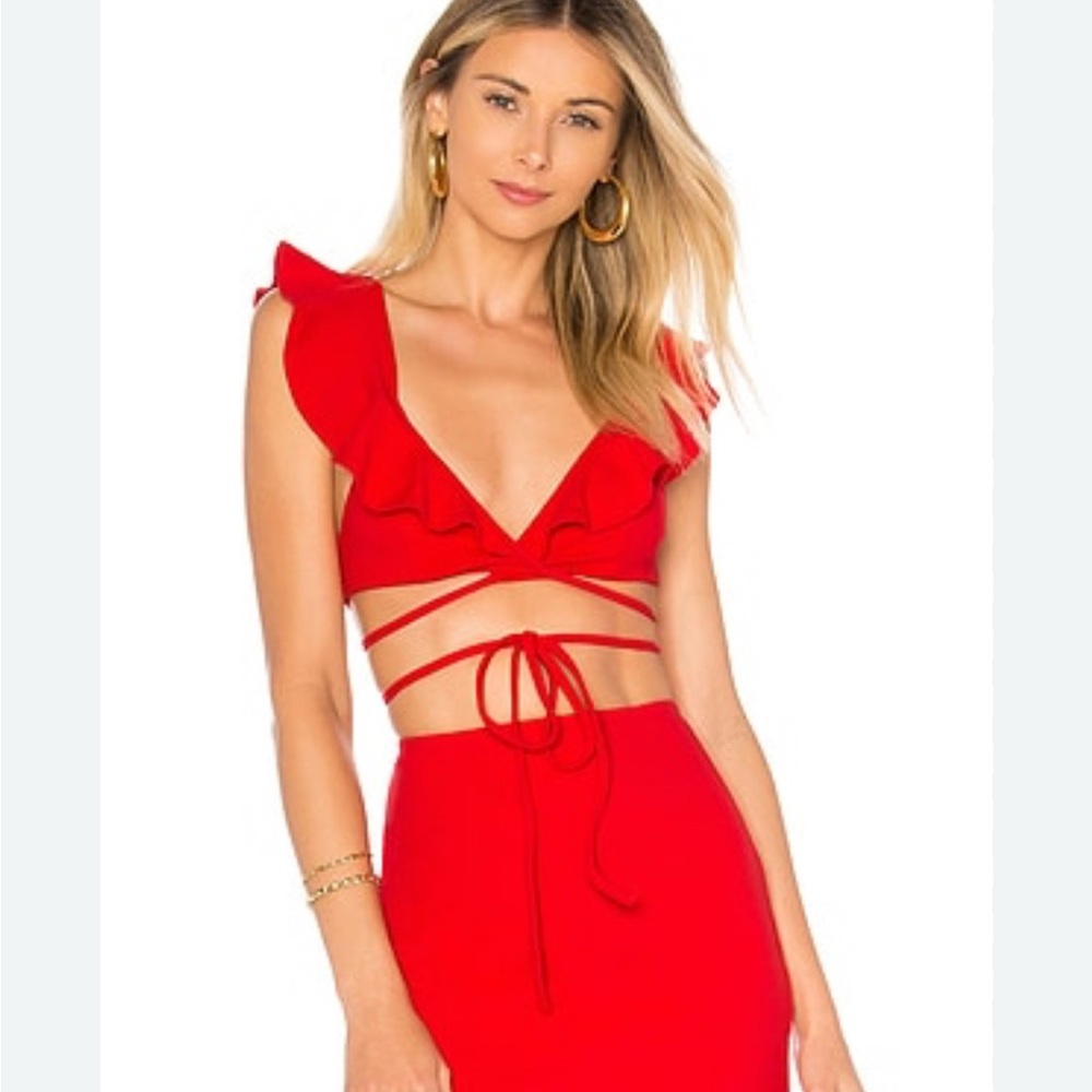 Lovers + Friends Flamingo Red Ruffle Wrap Crop Top